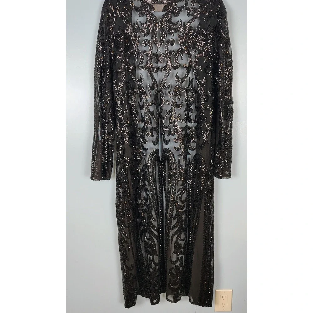 Southern Fried Chics XL Black Sequin Mesh Duster Cardigan Victorian gothic - Picture 9 of 14